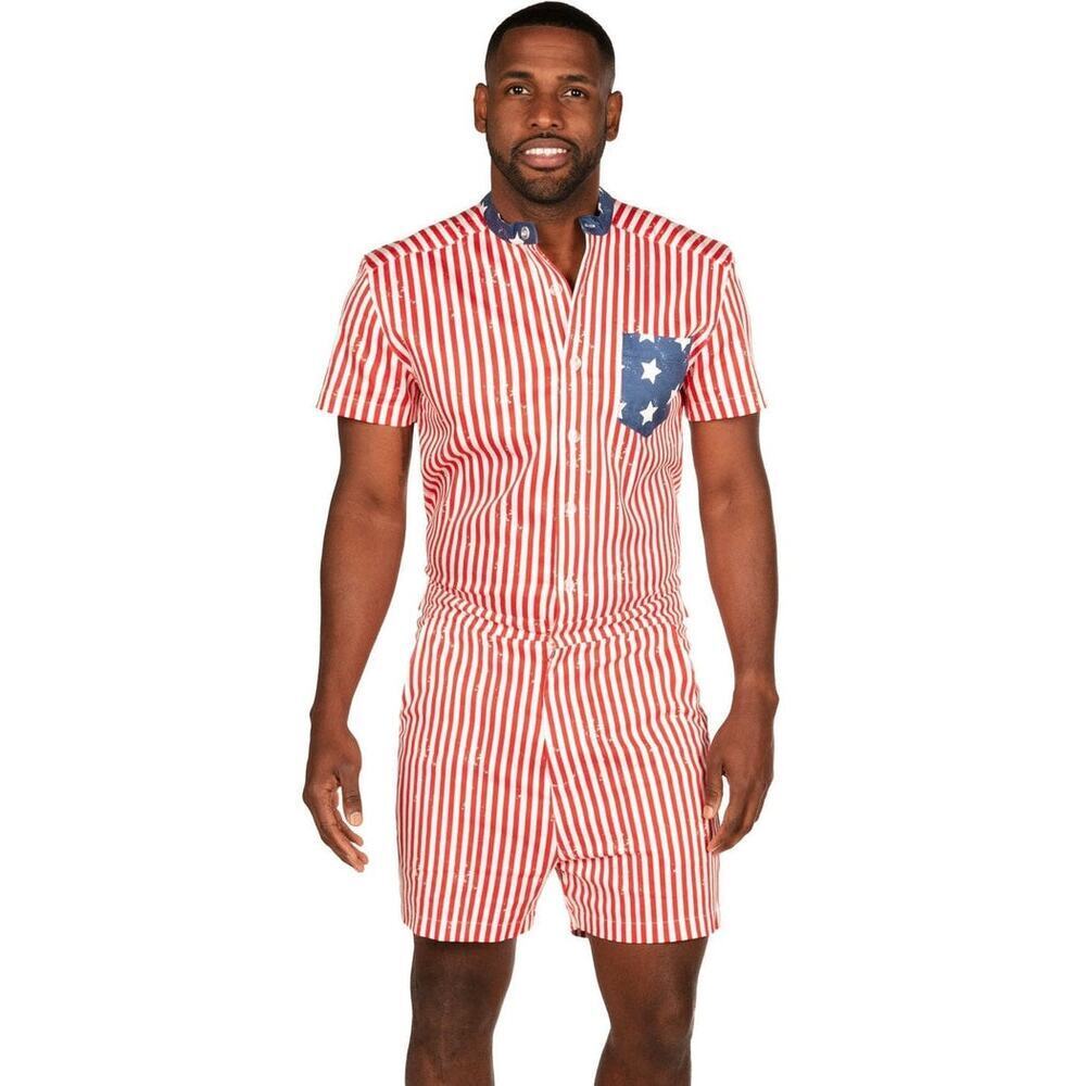 🇺🇸 Tipsy Elves USA Patriotic Romphim Red White Blue Striped Romper Men S NEW